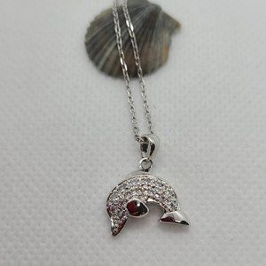Sterling Silver and CZ Jumping Dolphin Necklace, Rhodium Plated